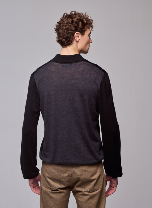 Black / Grey Polo Shirt Long Sleeve Merino Wool Polo Shirt - MAJESTIC FILATURES