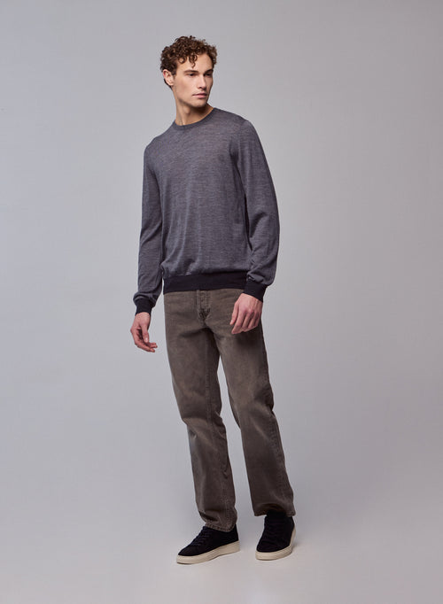 Grey Round Neck Long Sleeve Merino Wool Sweater - MAJESTIC FILATURES