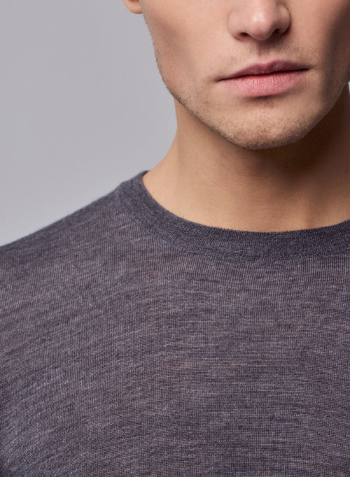 Grey Round Neck Long Sleeve Merino Wool Sweater - MAJESTIC FILATURES