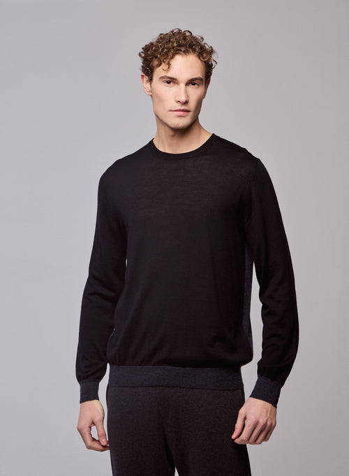Pull Noir / Gris Col Rond Manches Longues en Laine merinos - MAJESTIC FILATURES