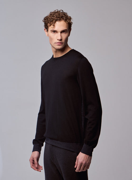 Pull Noir / Gris Col Rond Manches Longues en Laine merinos - MAJESTIC FILATURES