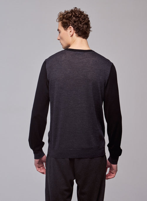 Pull Noir / Gris Col Rond Manches Longues en Laine merinos - MAJESTIC FILATURES