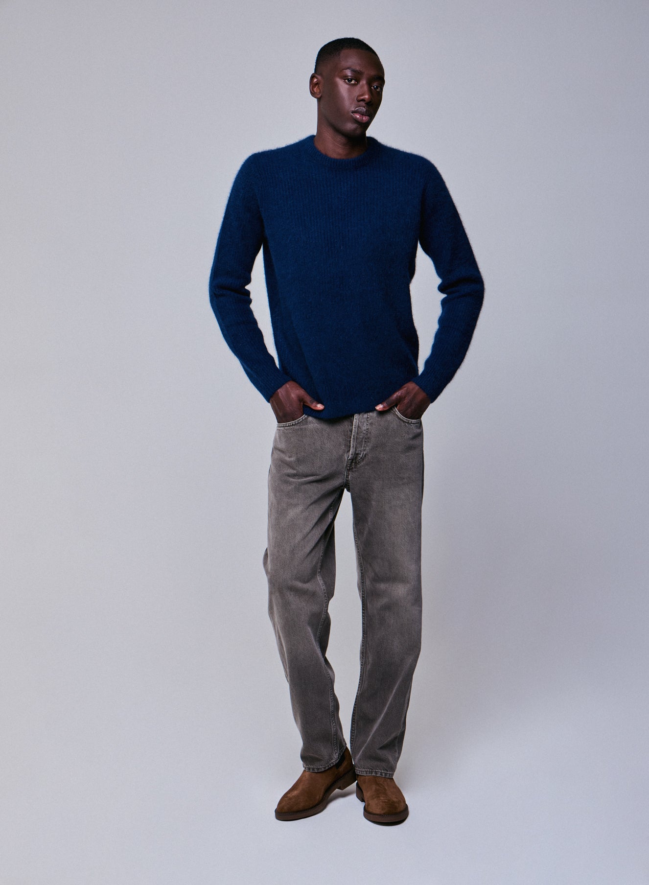 Navy Wool / Fox / Polyamide Long Sleeve Round Neck Sweater MEN