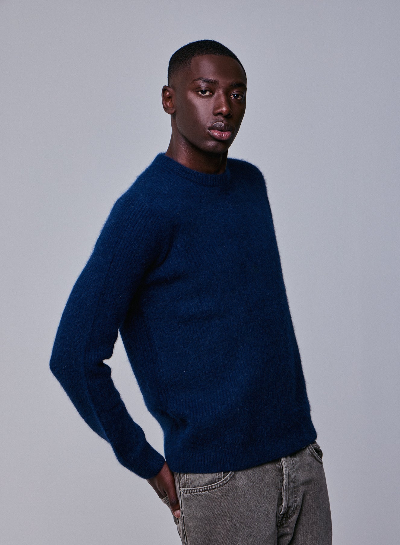 Navy Wool / Fox / Polyamide Long Sleeve Round Neck Sweater MEN