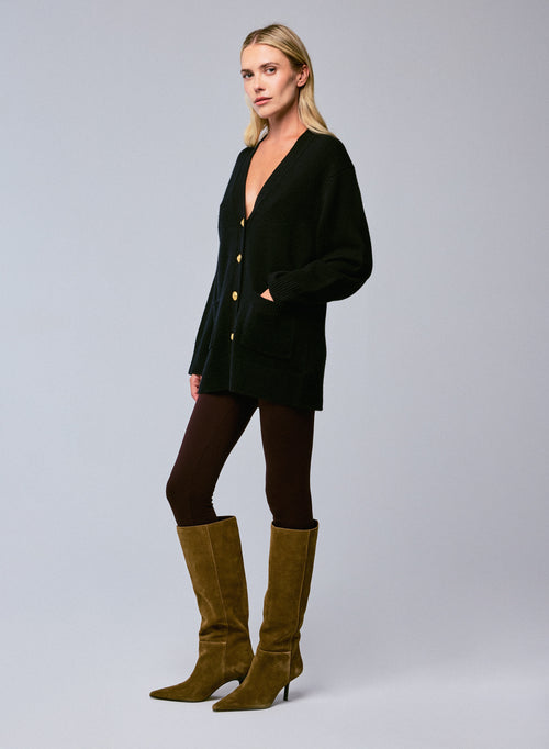 Gilet Noir Col V Manches Longues en Laine / Cachemire - MAJESTIC FILATURES