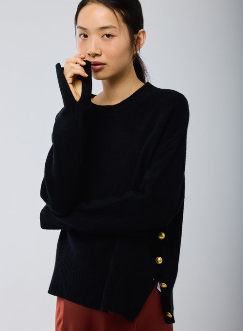 Pull Noir Col Rond Manches Longues en Laine / Cachemire - MAJESTIC FILATURES