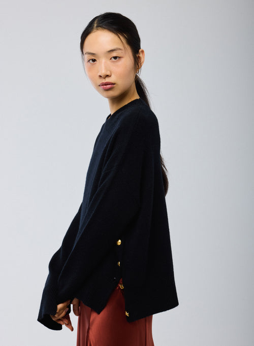 Pull Noir Col Rond Manches Longues en Laine / Cachemire - MAJESTIC FILATURES