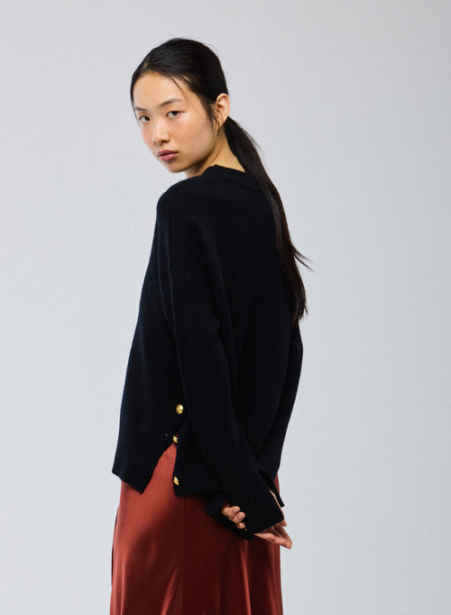 Pull Noir Col Rond Manches Longues en Laine / Cachemire - MAJESTIC FILATURES