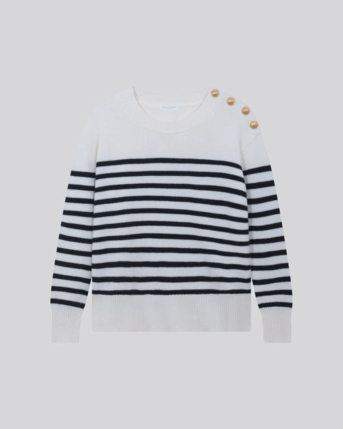 Pull Marinière Noir / Beige Col Rond Manches Longues en Laine / Cachemire - MAJESTIC FILATURES