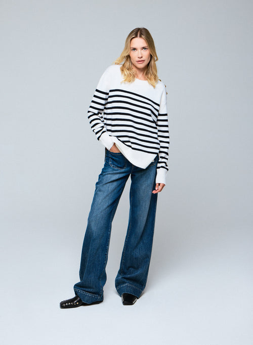 Pull Marinière Noir / Beige Col Rond Manches Longues en Laine / Cachemire - MAJESTIC FILATURES