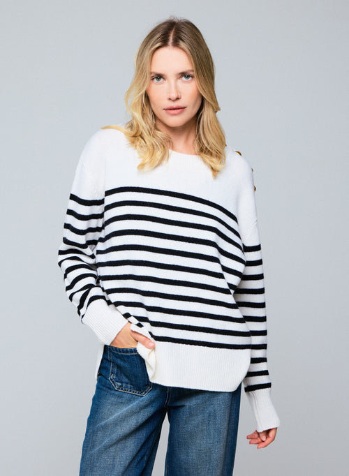 Pull Marinière Noir / Beige Col Rond Manches Longues en Laine / Cachemire - MAJESTIC FILATURES