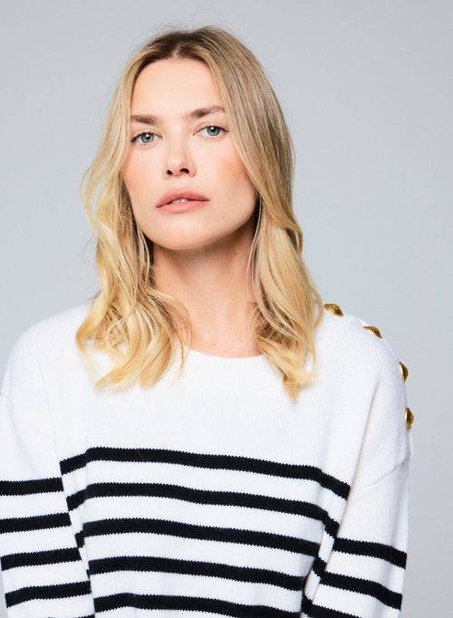 Pull Marinière Noir / Beige Col Rond Manches Longues en Laine / Cachemire - MAJESTIC FILATURES