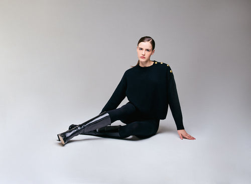 Schwarzer Rundhalspullover mit langen Ärmeln aus Wolle / Kaschmir - MAJESTIC FILATURES