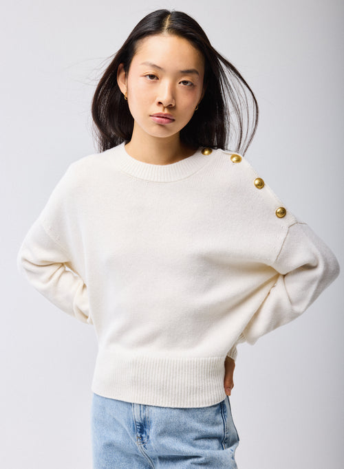 Pull Blanc Col Rond Manches Longues en Laine / Cachemire - MAJESTIC FILATURES