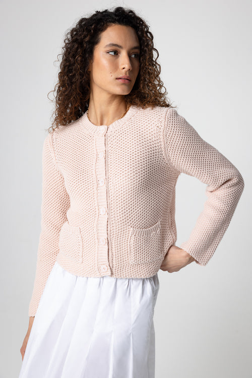 Round-Neck Long-Sleeve Cotton Cardigan in Petal  - MAJESTIC FILATURES
