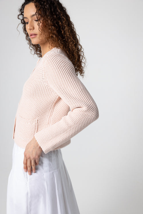 Round-Neck Long-Sleeve Cotton Cardigan in Petal  - MAJESTIC FILATURES