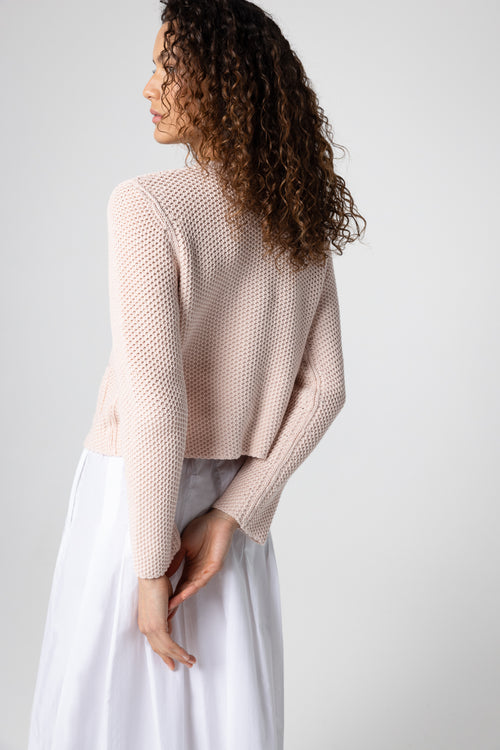 Round-Neck Long-Sleeve Cotton Cardigan in Petal  - MAJESTIC FILATURES