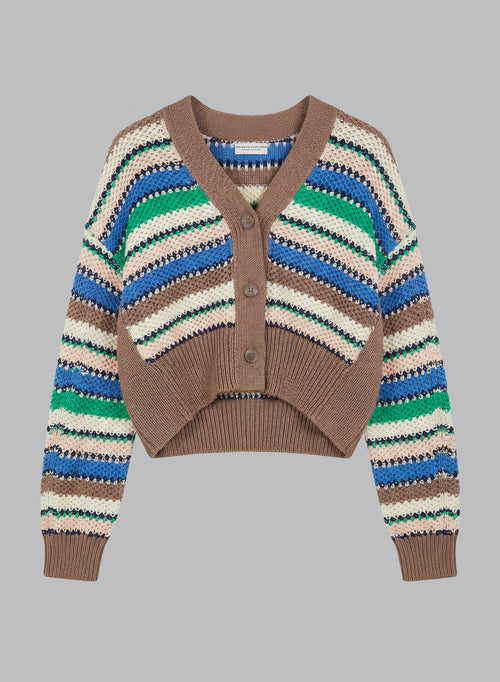 Mehrfarbige gestreifte Strickjacke mit V-Ausschnitt und langen Ärmeln aus Baumwolle - MAJESTIC FILATURES