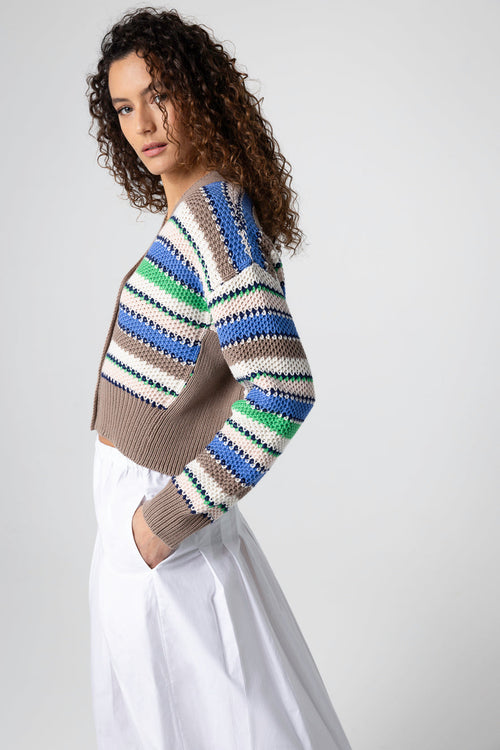 Mehrfarbige gestreifte Strickjacke mit V-Ausschnitt und langen Ärmeln aus Baumwolle - MAJESTIC FILATURES