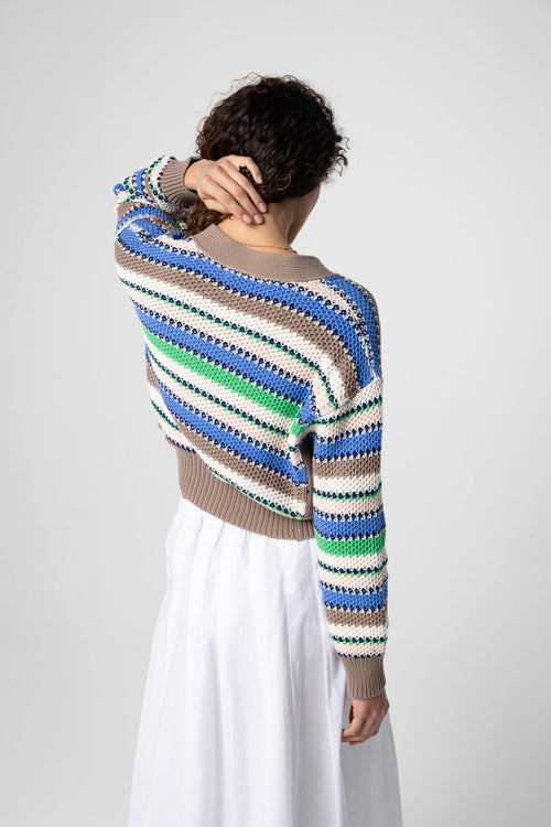 Mehrfarbige gestreifte Strickjacke mit V-Ausschnitt und langen Ärmeln aus Baumwolle - MAJESTIC FILATURES