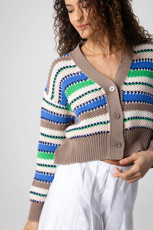 Mehrfarbige gestreifte Strickjacke mit V-Ausschnitt und langen Ärmeln aus Baumwolle - MAJESTIC FILATURES