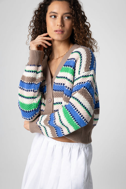 Mehrfarbige gestreifte Strickjacke mit V-Ausschnitt und langen Ärmeln aus Baumwolle - MAJESTIC FILATURES