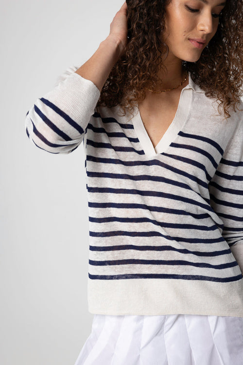 Polo azul a rayas con mangas tres cuartos de lino - MAJESTIC FILATURES