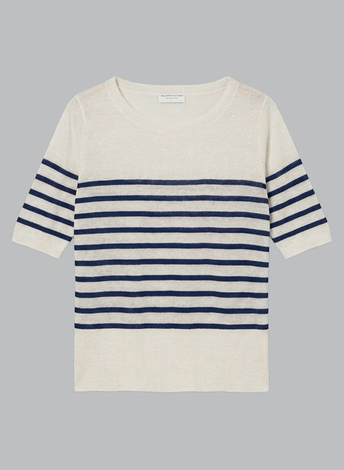 Pull Blue Moon Rayé Col Rond Manches Coudes en Lin - MAJESTIC FILATURES