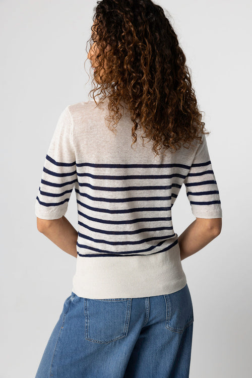 Jersey Blue Moon a rayas con cuello redondo y mangas codos de lino - MAJESTIC FILATURES