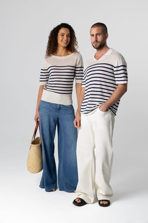 Jersey Blue Moon a rayas con cuello redondo y mangas codos de lino - MAJESTIC FILATURES