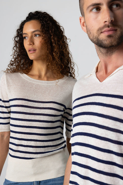 Jersey Blue Moon a rayas con cuello redondo y mangas codos de lino - MAJESTIC FILATURES