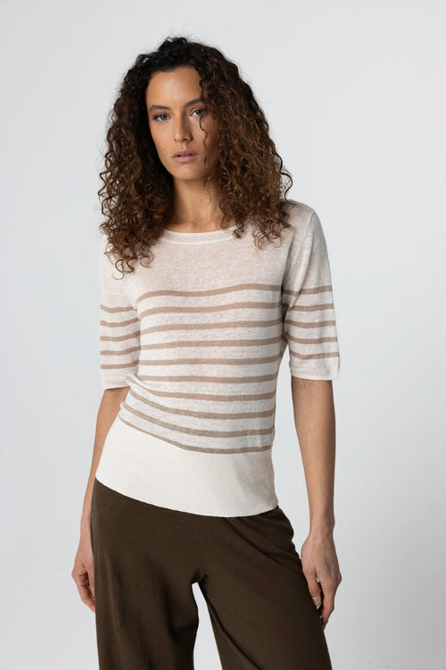 Jersey rayado en color desierto con cuello redondo y mangas codos de lino - MAJESTIC FILATURES