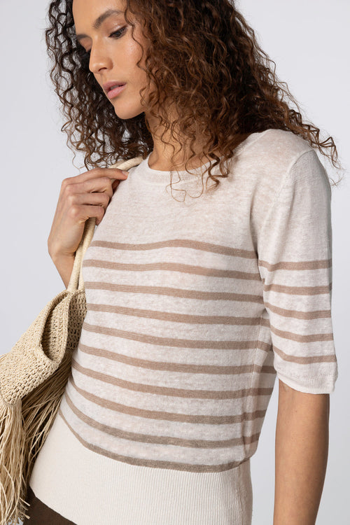 Jersey rayado en color desierto con cuello redondo y mangas codos de lino - MAJESTIC FILATURES