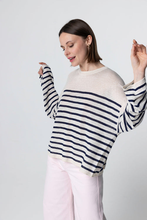Jersey Blue Moon rayado con cuello redondo y manga larga de lino - MAJESTIC FILATURES