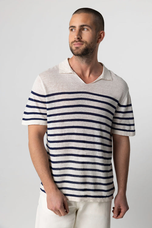 Polo Blue Moon a rayas blancas con mangas cortas de lino - MAJESTIC FILATURES