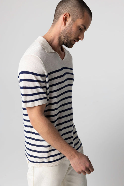 Polo Blue Moon a rayas blancas con mangas cortas de lino - MAJESTIC FILATURES