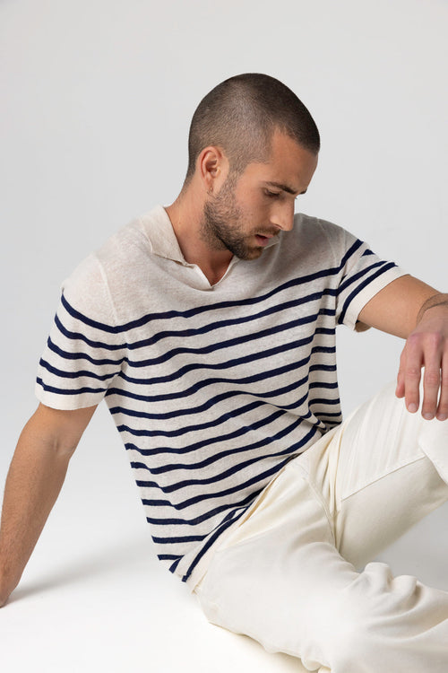 Polo Blue Moon a rayas blancas con mangas cortas de lino - MAJESTIC FILATURES