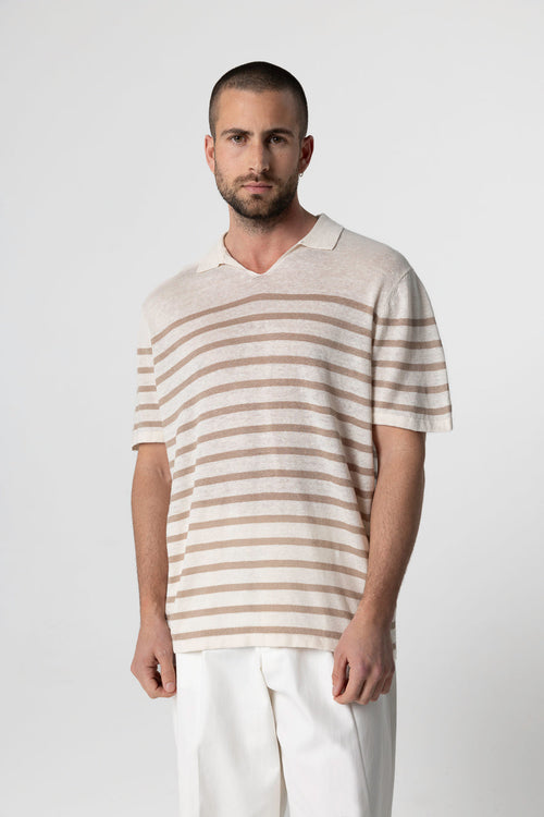 Polo rayado en color Desierto con manga corta de lino - MAJESTIC FILATURES