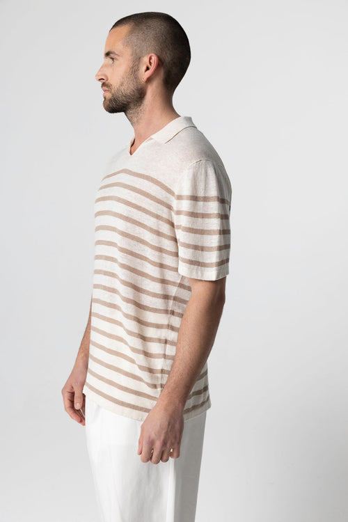 Polo rayado en color Desierto con manga corta de lino - MAJESTIC FILATURES