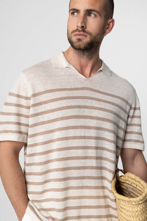Polo rayado en color Desierto con manga corta de lino - MAJESTIC FILATURES