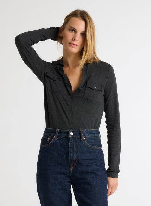 Camisa Manga Larga Moteada Antracita Viscosa y Elastano - MAJESTIC FILATURES