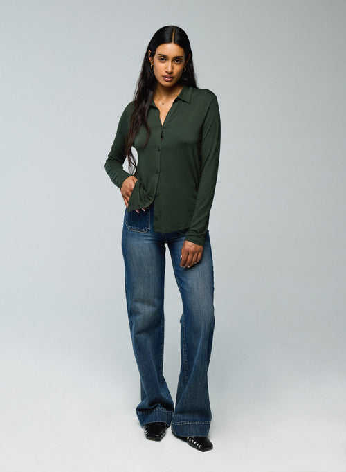 Green Shirt Long Sleeve Viscose / Elastane Shirt - MAJESTIC FILATURES