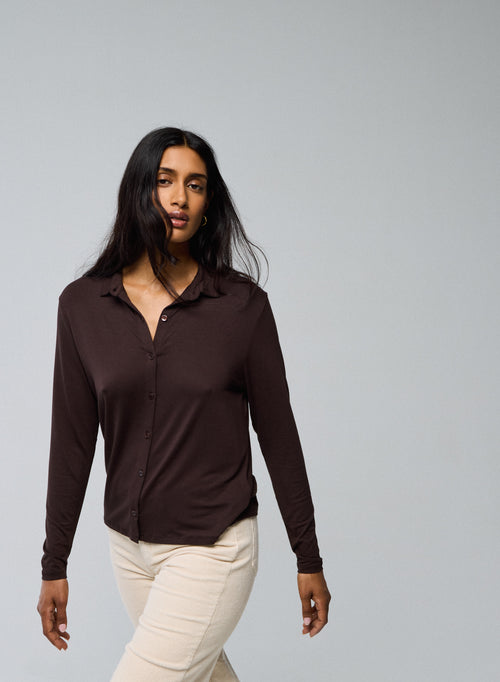 Chemise Marron Chemise Manches Longues en Viscose / Elasthanne - MAJESTIC FILATURES