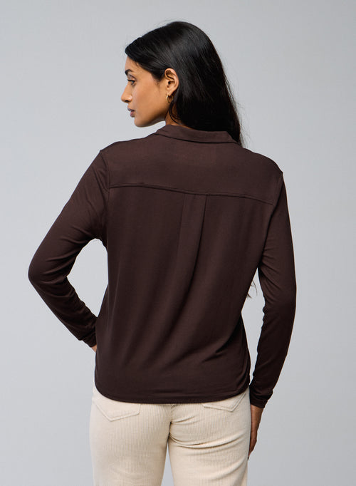 Chemise Marron Chemise Manches Longues en Viscose / Elasthanne - MAJESTIC FILATURES