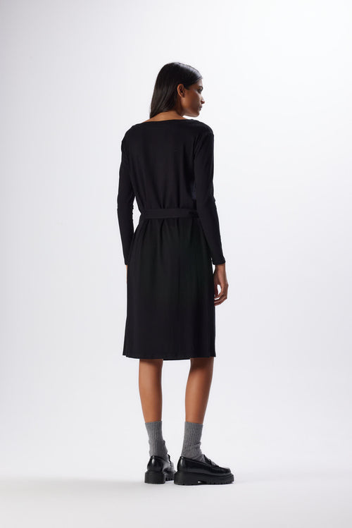 Black Boat Neck Long Sleeve Dress in Viscose and Elastane - MAJESTIC FILATURES