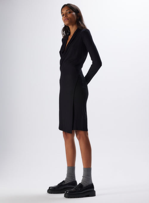 Black Cowl Neck Long Sleeve Viscose and Elastane Dress - MAJESTIC FILATURES