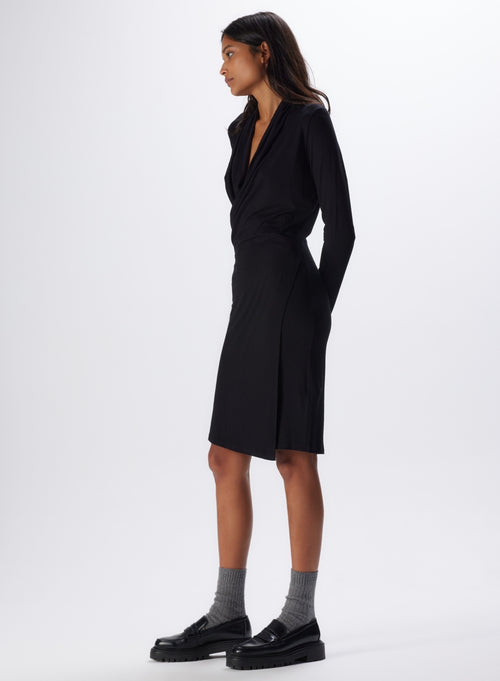 Black Cowl Neck Long Sleeve Viscose and Elastane Dress - MAJESTIC FILATURES