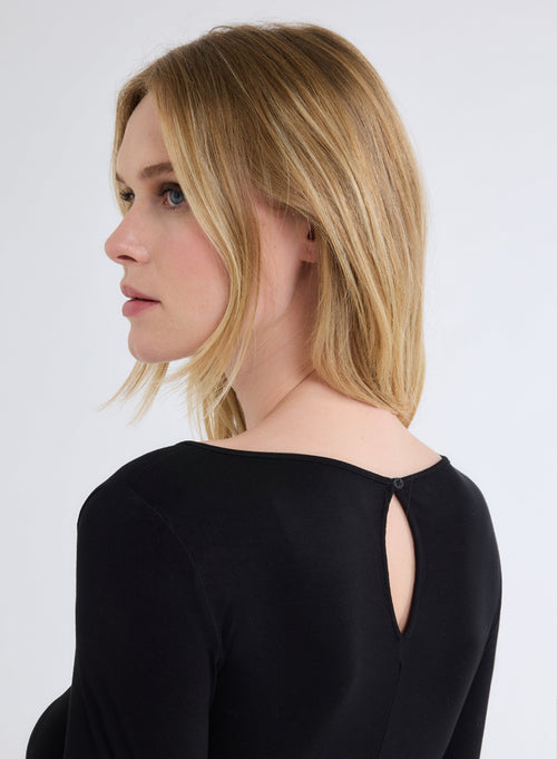 Schwarzes Kleid mit Bootsausschnitt und langen Ärmeln mit Schlitz hinten aus Viskose und Elasthan - MAJESTIC FILATURES