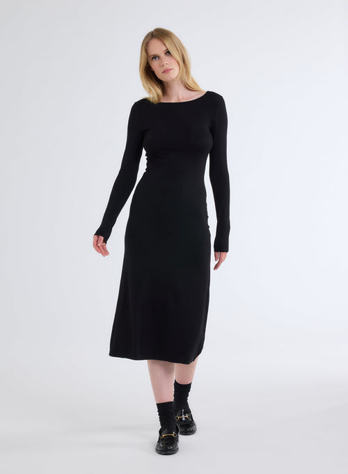 Black Long Sleeve Boatneck Dress with Back Slit in Viscose and Elastane - MAJESTIC FILATURES
