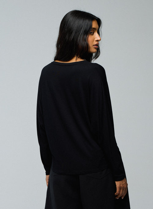 Schwarzes Langarm-T-Shirt aus Viskose / Elasthan mit V-Ausschnitt - MAJESTIC FILATURES